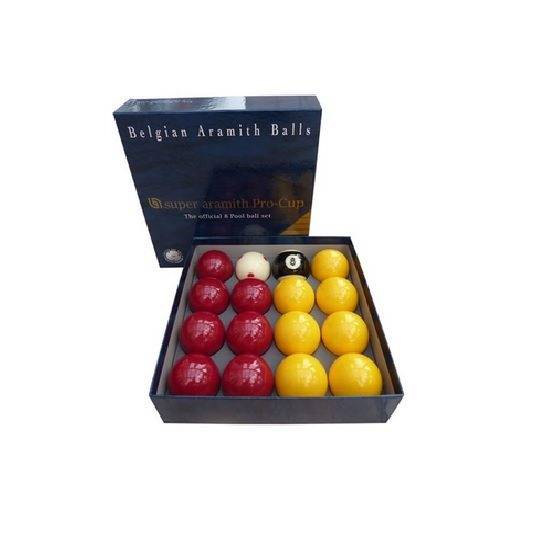 Super Aramith Pro 8 Ball Set with 2-inch red and yellow balls and Pro-Cup cue ball