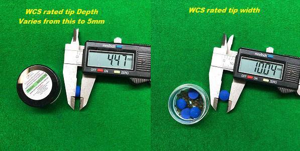 WCS rated tips showing depth, width, and comparison with Century, Blue Diamond, Elk Master, and Diamond Plus tips