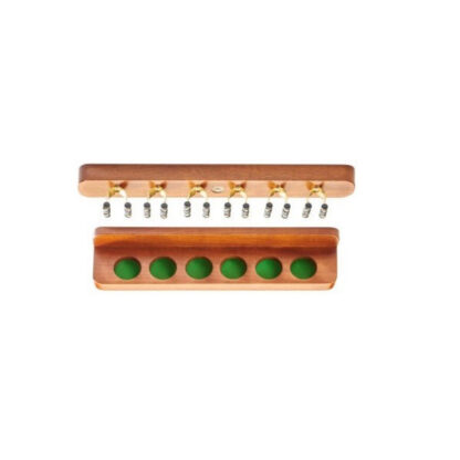 Mahogany Wall Mounted Cue Rack by Peradon with brass clips holding six billiard cues