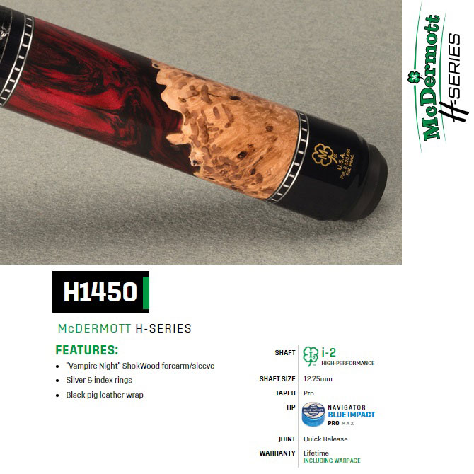 McDermott H1450 Elite ShokWood Pool Cue with Vampire Night ShokWood and black pig leather wrap