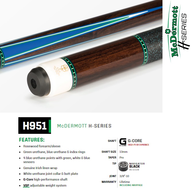 McDermott H951 Pool Cue with Rosewood forearm, blue urethane points, and Irish linen wrap