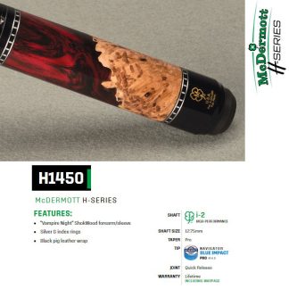 McDermott H1450 Elite ShokWood Pool Cue with Vampire Night ShokWood and black pig leather wrap