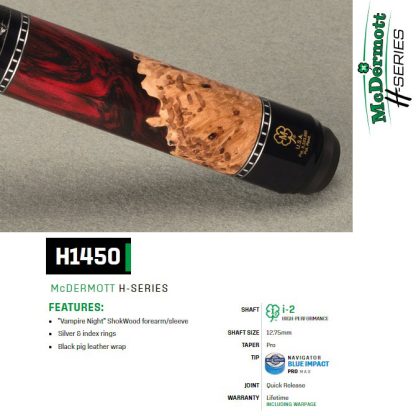 McDermott H1450 Elite ShokWood Pool Cue with Vampire Night ShokWood and black pig leather wrap