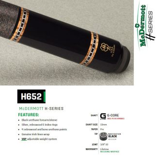 McDermott H652 Pool Cue with black urethane forearm, zebrawood points, and Irish linen wrap