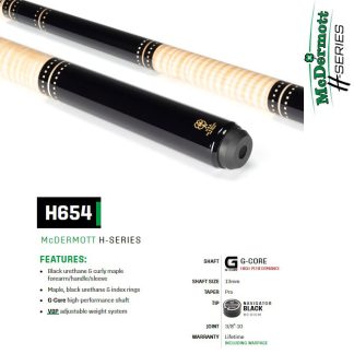 McDermott H Series Model H654 Pool Cue with black urethane and curly maple forearm, handle, and sleeve