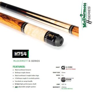 McDermott H754 Pool Cue with black urethane forearm, Birdseye maple points, and Cocobolo handle
