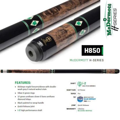 McDermott H850 Pool Cue with Birdseye maple forearm and green urethane inlays
