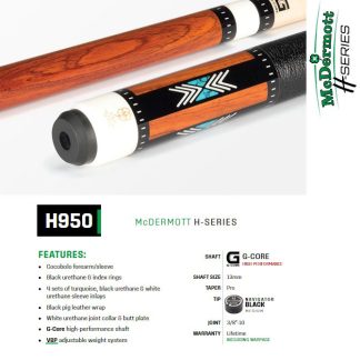 McDermott H950 Pool Cue with Cocobolo forearm, turquoise inlays, and black pig leather wrap