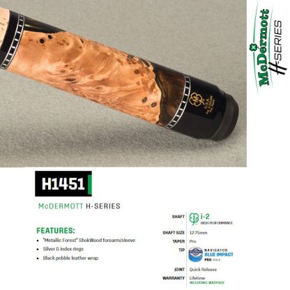 McDermott H-Series Model H1451 Pool Cue with Metallic Forest ShokWood and black pebble leather wrap