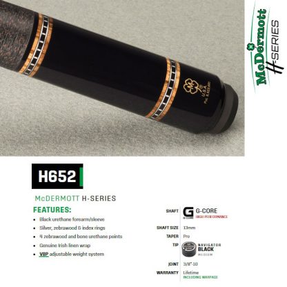 McDermott H652 Pool Cue with black urethane forearm, zebrawood points, and Irish linen wrap