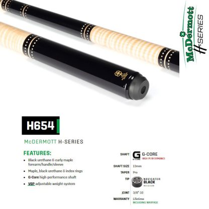 McDermott H Series Model H654 Pool Cue with black urethane and curly maple forearm, handle, and sleeve