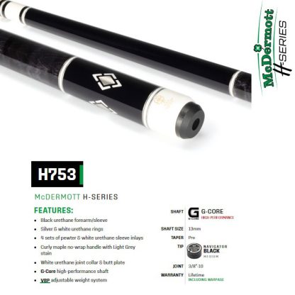 McDermott H753 Pool Cue with black urethane forearm, silver and white rings, and curly maple handle