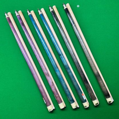Premium Dyed Maple Two-Piece Eight Ball Cue in Grey, Purple, and Aqua