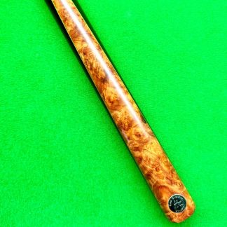 Handcrafted Cue Creator Dynasty snooker cue with amboyna burr and green veneer splice
