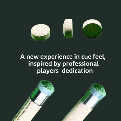 Close up of snooker cue tips in different angles with slogan experience the feel
