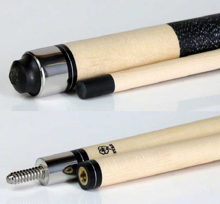 Close-up of Star S86 Power Break & Jump Cue butt, stainless joint thread, and Irish linen wrap