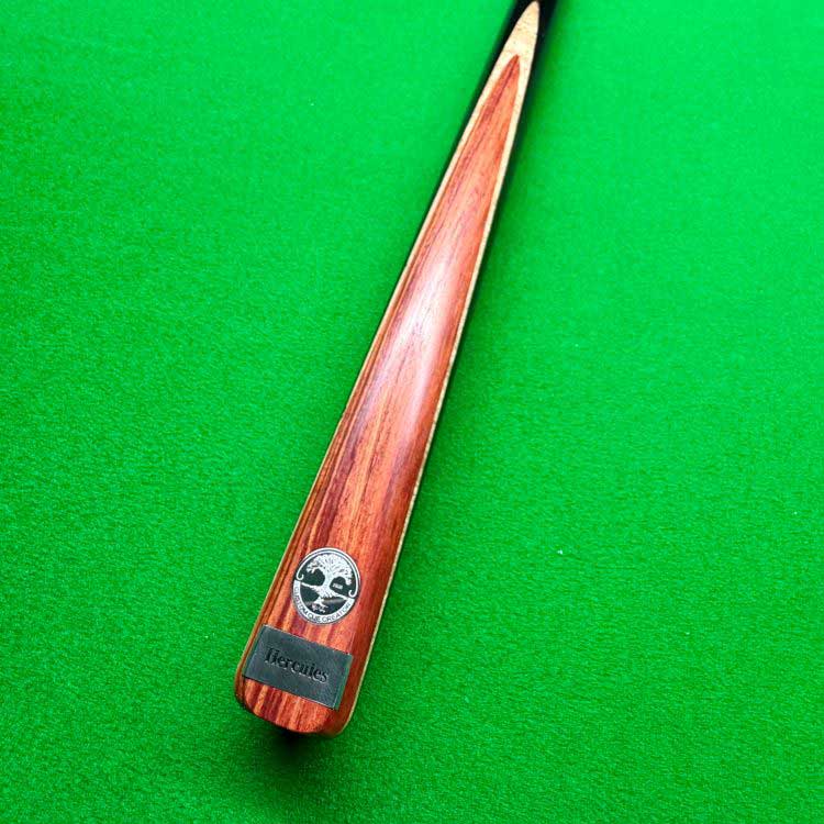 Close-up of the Cue Creator Hercules Pro Series Tulipwood Maple Edition butt showing ebony, tulipwood and maple veneer