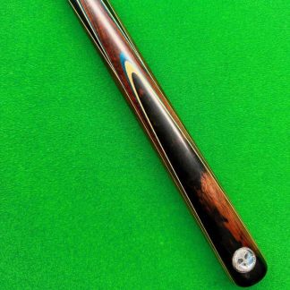 Cue Creator 3/4 ash snooker cue with four secondary splices, dual blue and maple veneers and solid ebony butt