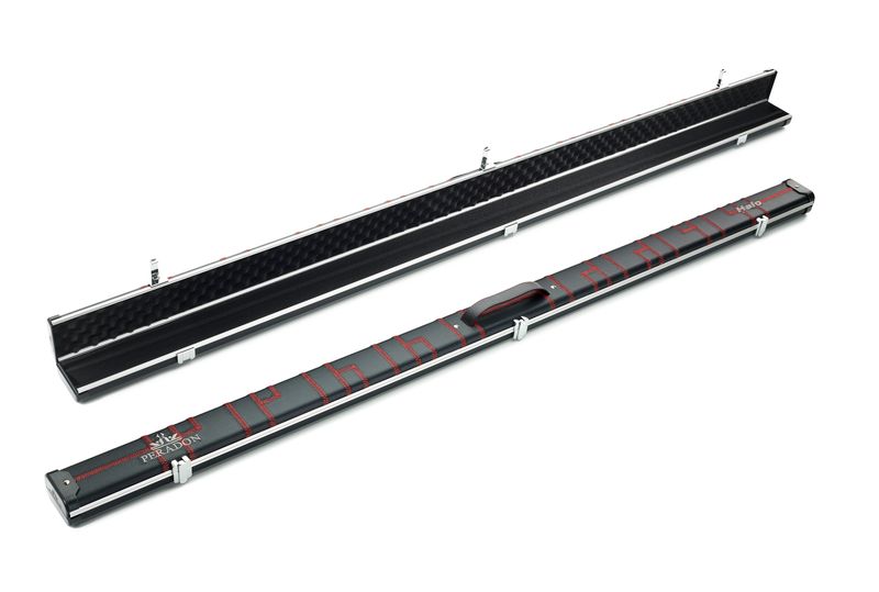 Peradon 2593 Halo wide black red stitching cue case open and closed aluminium snooker case interior exterior view