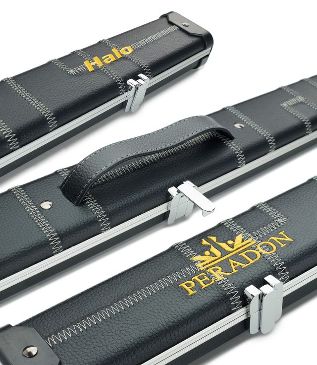 Peradon 2593 Halo Plus wide one piece cue case black pattern silver stitching aluminium snooker case