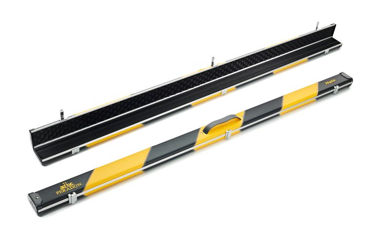 Peradon Halo wide 2593 black yellow stripe 2 section cue case open and closed aluminium snooker case interior exterior view