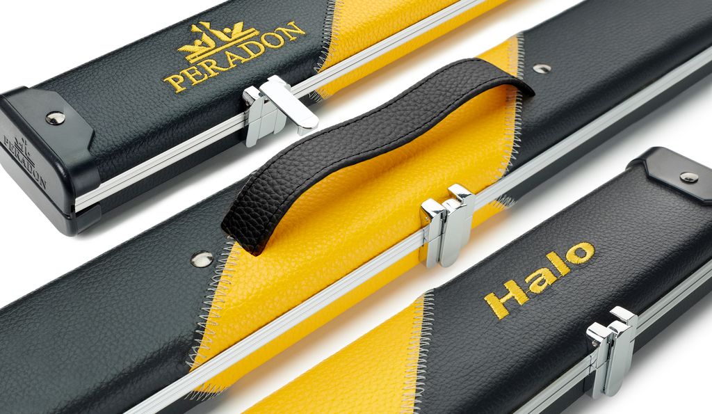 Peradon Halo wide 2593 black yellow stripe cue case close up aluminium snooker case clips ends detail