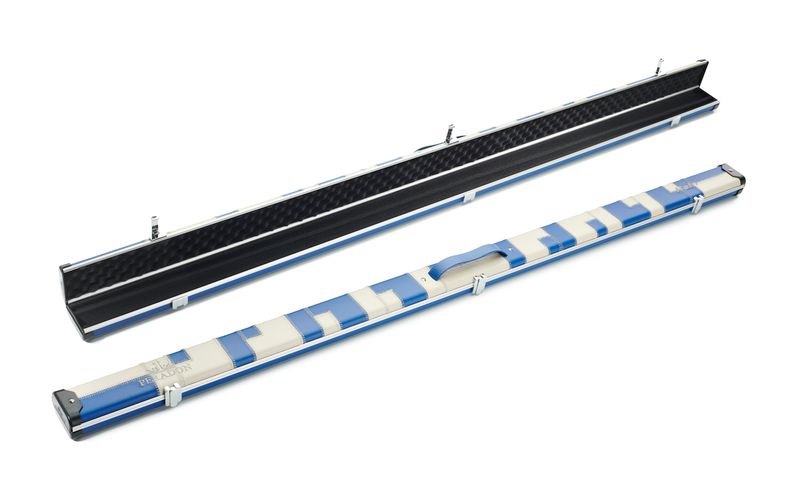 Peradon Halo wide 2593 one piece 2 section blue cream patch cue case open and closed aluminium snooker case interior exterior view