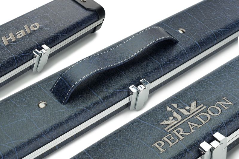 Peradon Halo wide 2593 black blue vein cue case close up aluminium snooker case clips ends detail