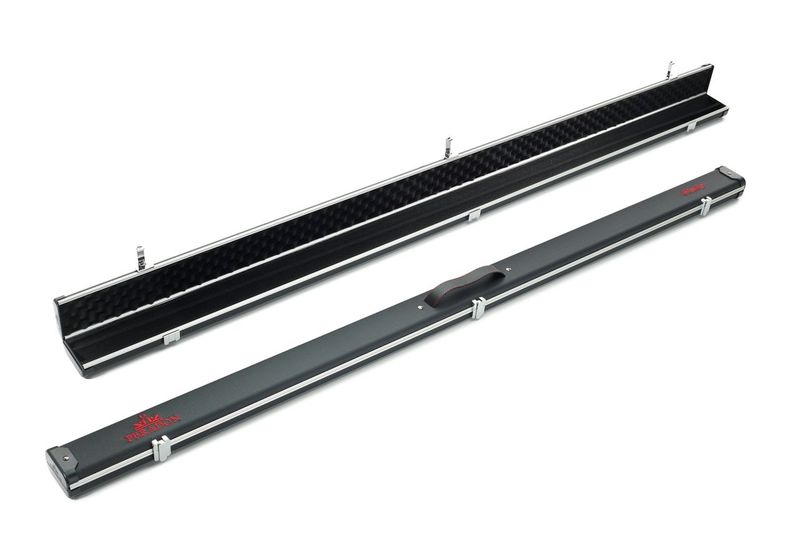 Peradon Halo wide 2593 carbon red writing 2 section cue case open and closed aluminium snooker case interior exterior view