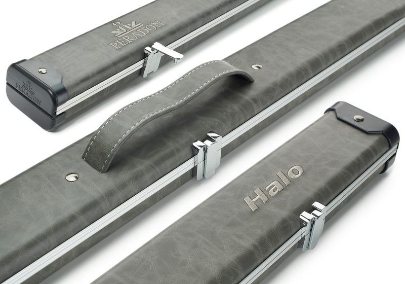 Peradon Halo wide 2593 one piece grey cue case close up aluminium snooker case clips ends detail