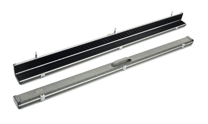 Peradon Halo wide 2593 one piece grey cue case open and closed aluminium snooker case interior exterior view