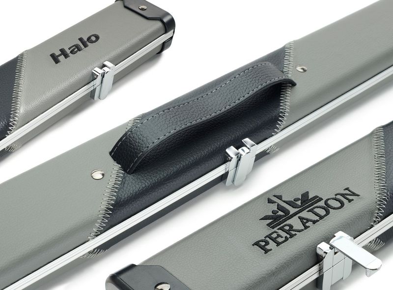 Peradon Halo wide 2593 grey black stripe 2 section cue case close up aluminium snooker case clips ends detail