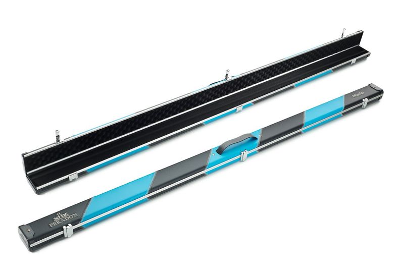 Peradon Halo wide 2593 black sky blue stripe 2 section cue case open and closed aluminium snooker case interior exterior view