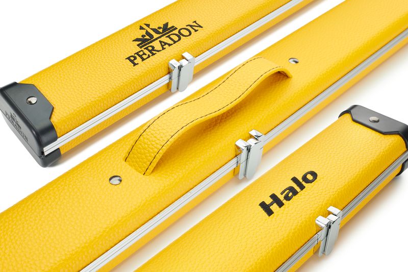 Peradon Halo wide 2592 yellow 2 section cue case close up aluminium snooker case clips ends detail