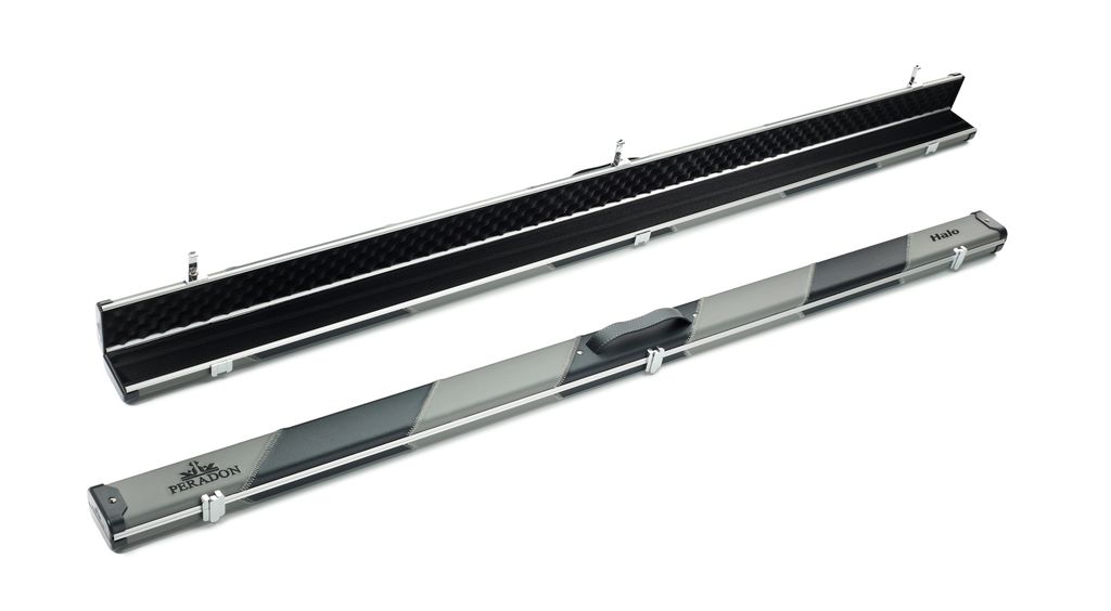 Peradon 2593 Halo grey black stripe wide cue case full length open and closed aluminium snooker case interior exterior view