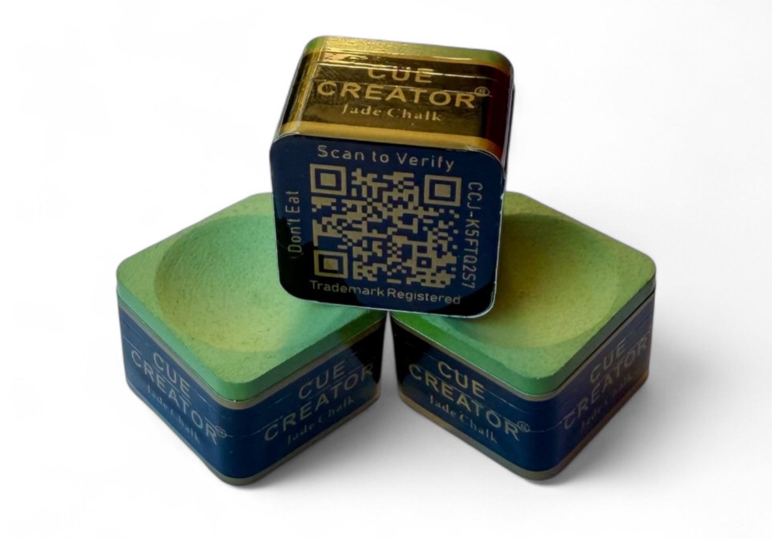 Three Cue Creator Jade Pro Chalk cubes stacked for low-residue cue sports performance