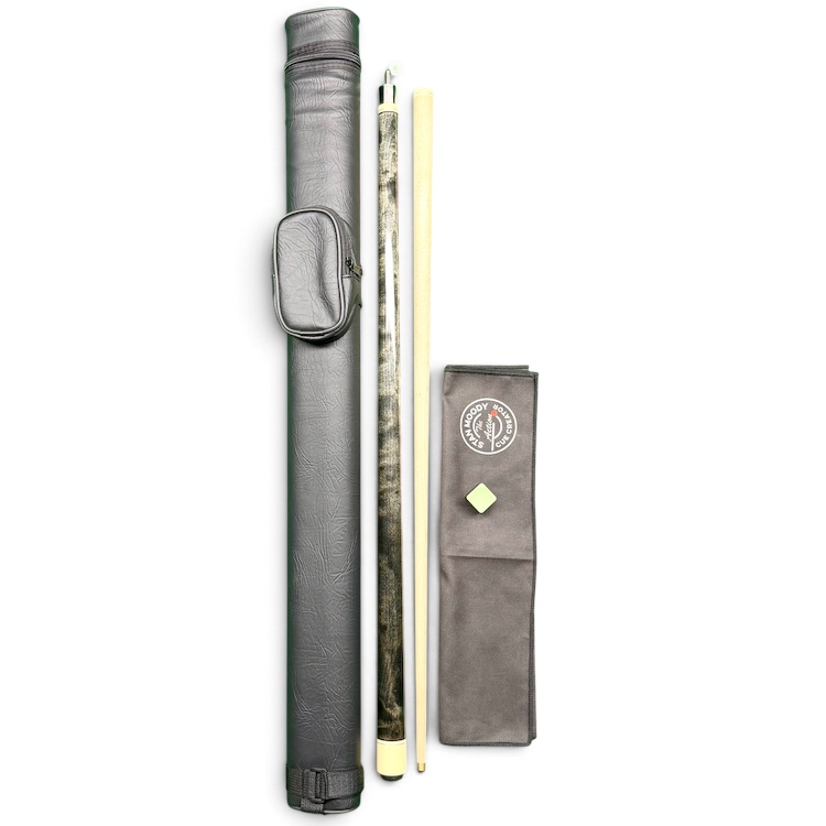 Grey two-piece maple English pool cue with 9.5mm brass ferrule, cue case, Jade Pro Chalk and Stan Moody towel in Christmas gift bundle