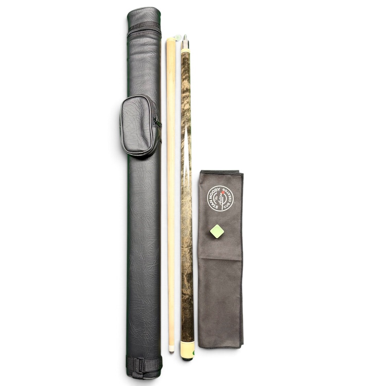 Grey two-piece maple pool cue with 12.4mm USA pool ferrule, cue case, Jade Pro Chalk and Stan Moody towel in Christmas gift bundle
