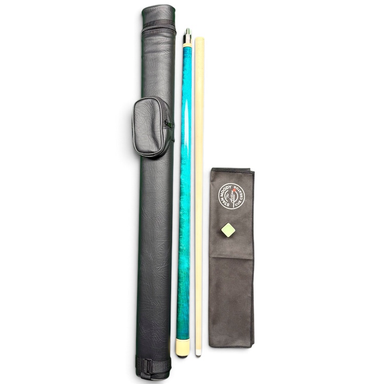 Green Christmas pool cue gift bundle with 12.4mm USA pool ferrule, single cue case, Jade Pro Chalk and Stan Moody burnish towel