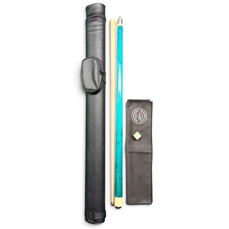 Christmas pool cue gift set with Grey and Green maple cues, single cue case, Jade Pro Chalk and Stan Moody burnish towel