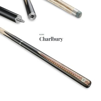 Peradon Charlbury snooker cue showing hand-spliced ebony butt, chevron veneers, stainless steel joint and TX titanium ferrule